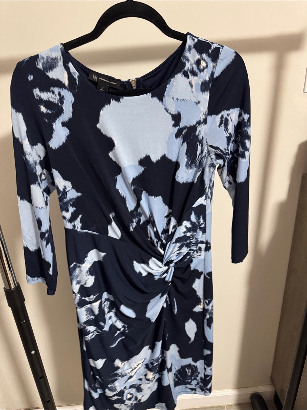 INC International Concepts Navy and Light Blue Knot-Front Long Sleeve Dress